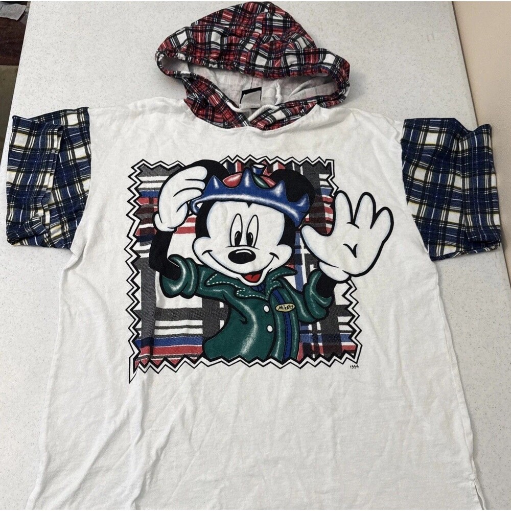 VTG Mickey Unlimited Jerry Leigh Mickey Mouse T Shirt Hood Plaid Short Sleeve Md